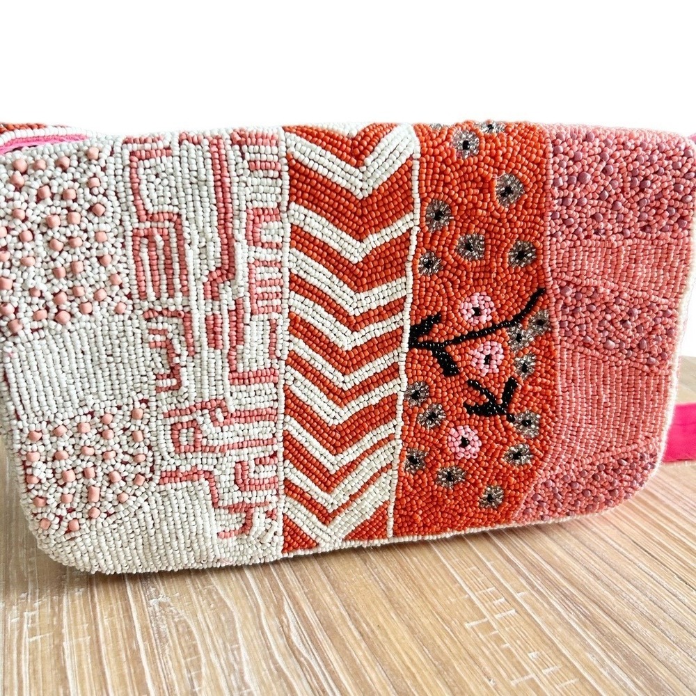 NEW America & Beyond Tigerlily Beaded Patchwork Shoulder Bag Coral Pink - Picture 4 of 9